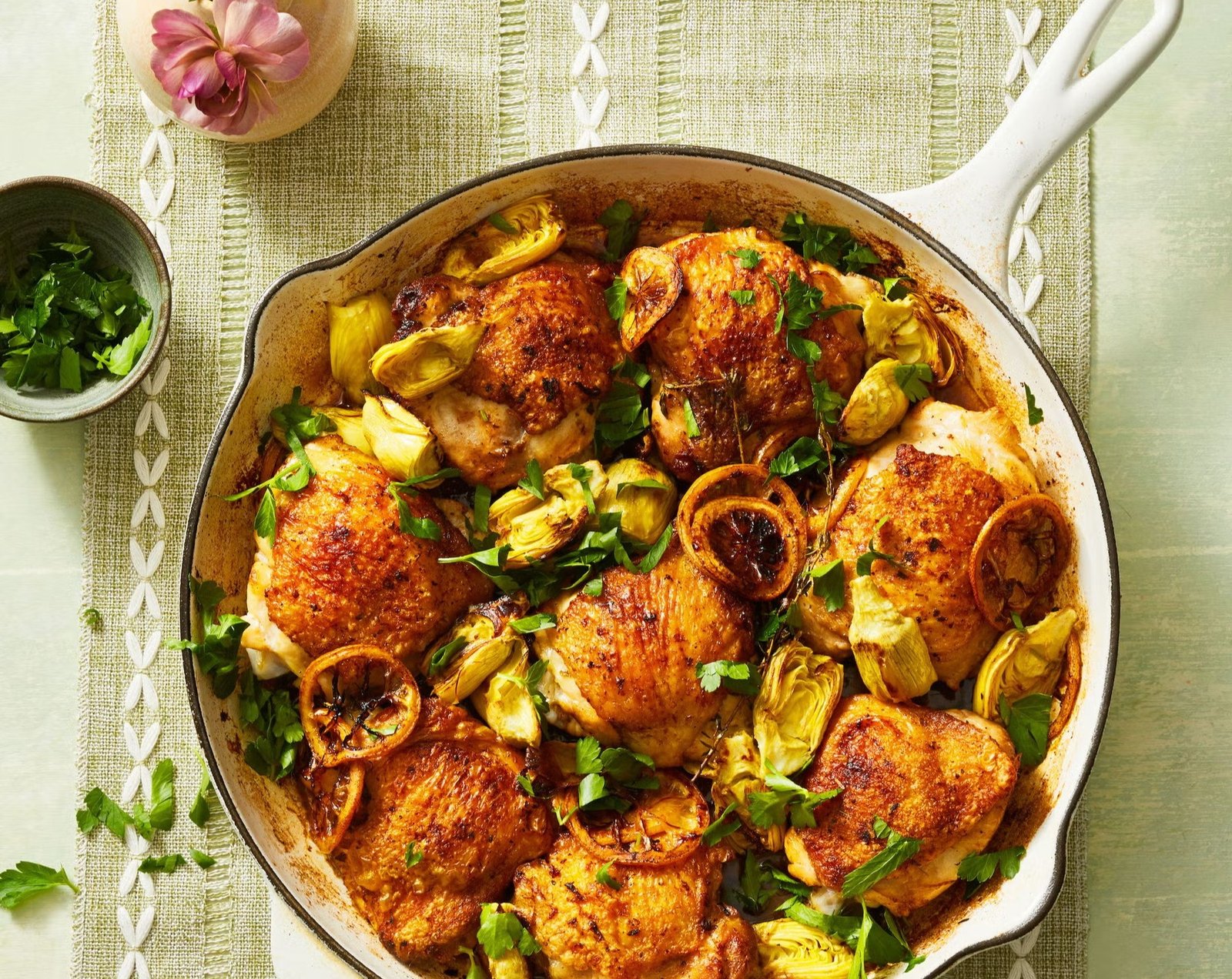 Skillet Lemony Chicken and Artichokes top view