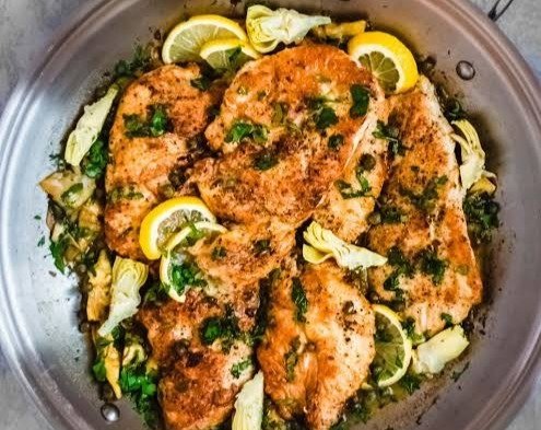 Skillet Lemony Chicken and Artichokes suggested serving