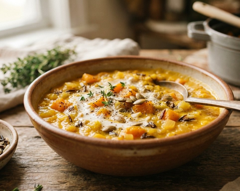 Cozy One Pot Butternut Squash and Wild Rice Soup suggested serving