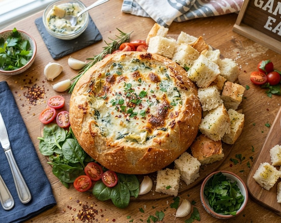 Ultimate Game Day Spinach Artichoke Dip Bread Bowl top view