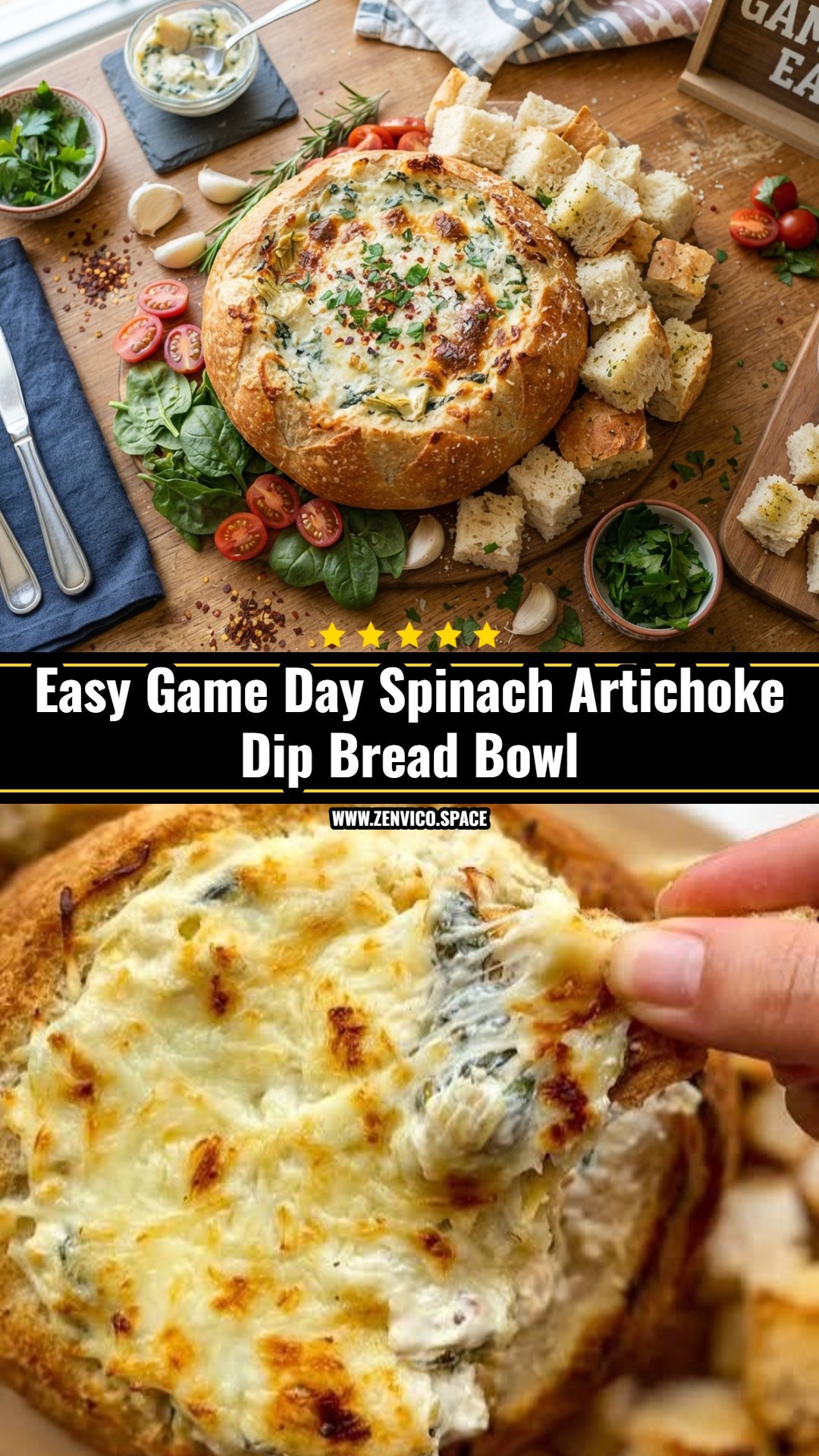Ultimate Game Day Spinach Artichoke Dip Bread Bowl